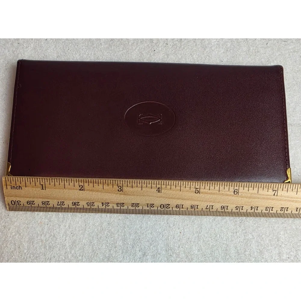 Vintage Must de Cartier Bordeaux Leather Long Flap Wallet Gold Corners Italy 114